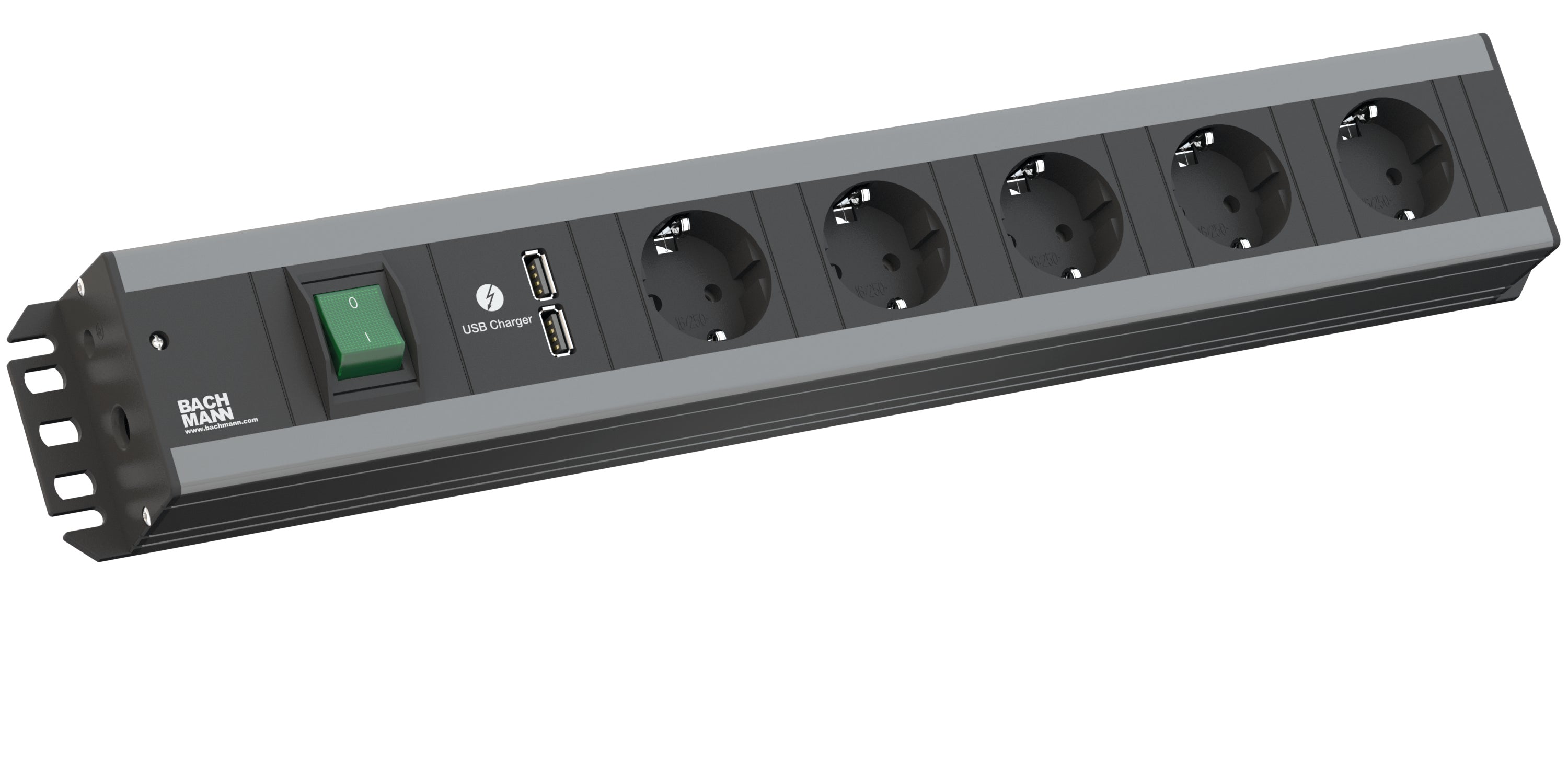 Bachmann tradesman strip 5-way 90°, USB charger, black 2.0m. with switch
