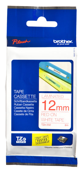 Brother label ribbon TZe-232, 12 mm white / red
