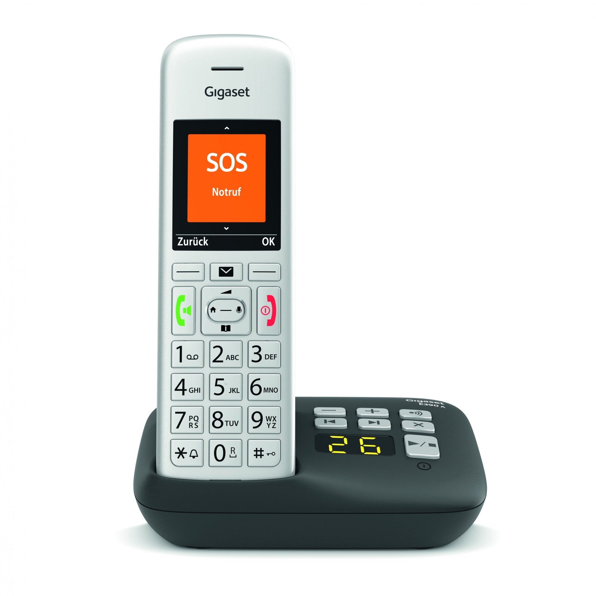 Gigaset E390A cordless phone with answering machine - silver black