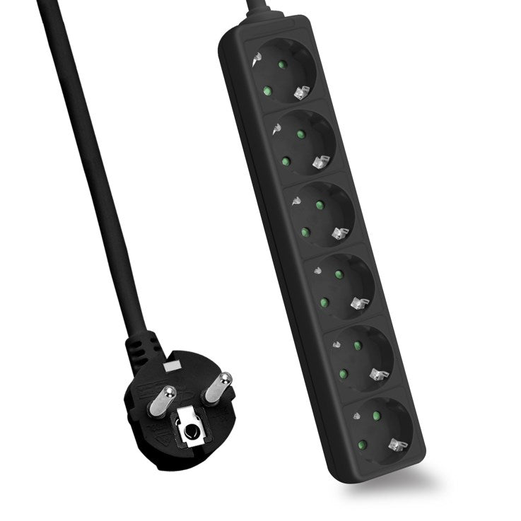Helos power strip CLASSIC, 6-way, black, 5.0m, without switch