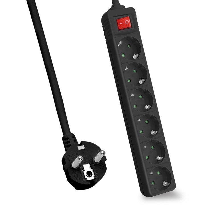 Helos power strip CLASSIC, 6-way, black, 5.0m, with switch