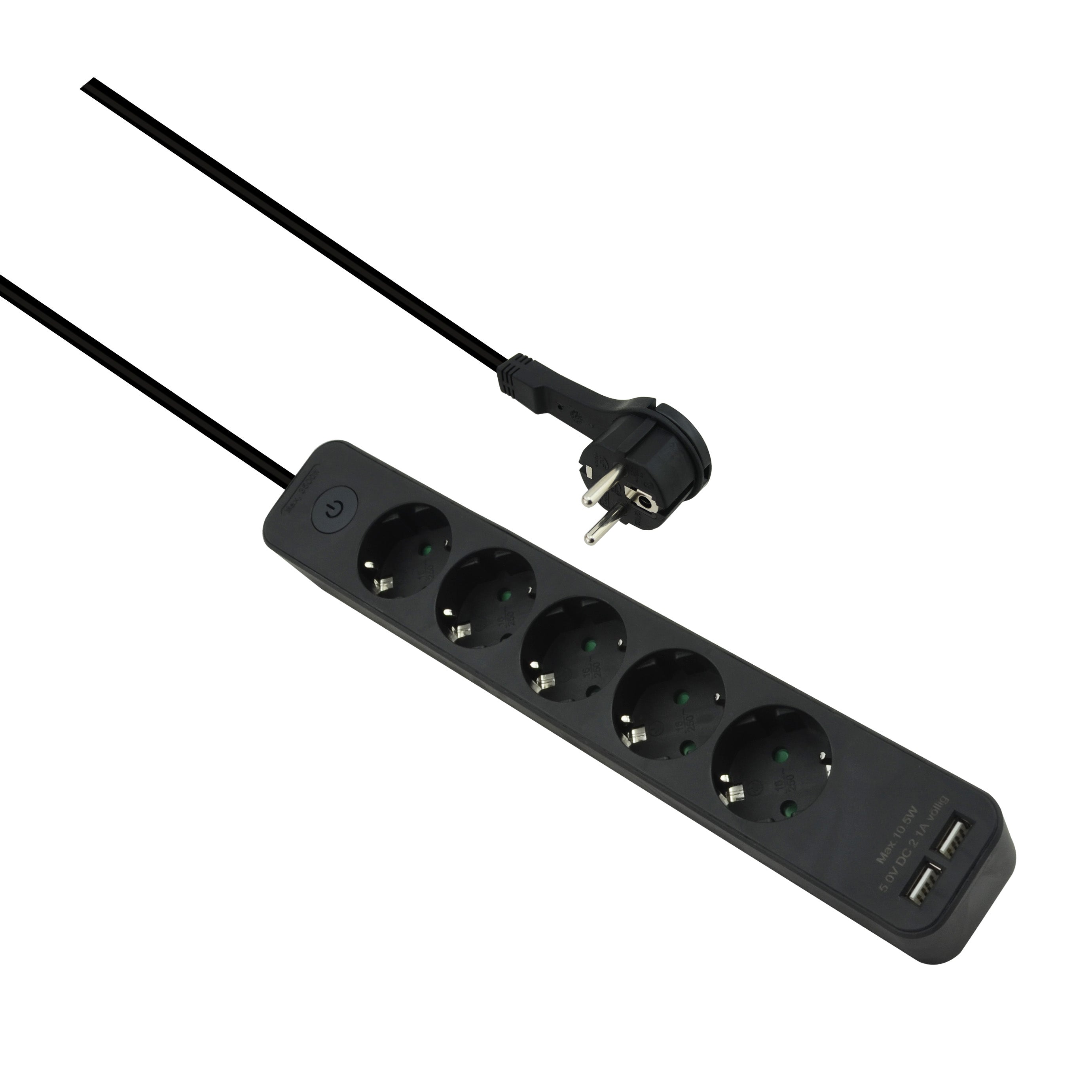 Helos power strip ADVANCED, 5-way, USB charger black, 1.5m, with switch