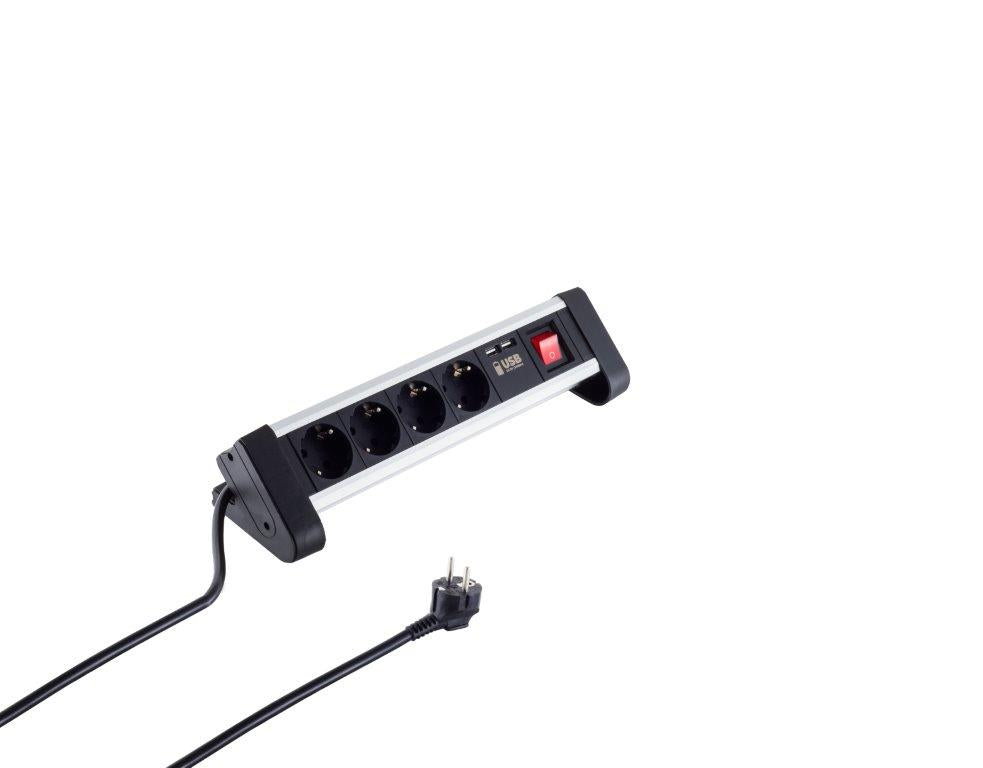 Helos DESK 4-way table power strip, USB charger black, 1.5m, with switch