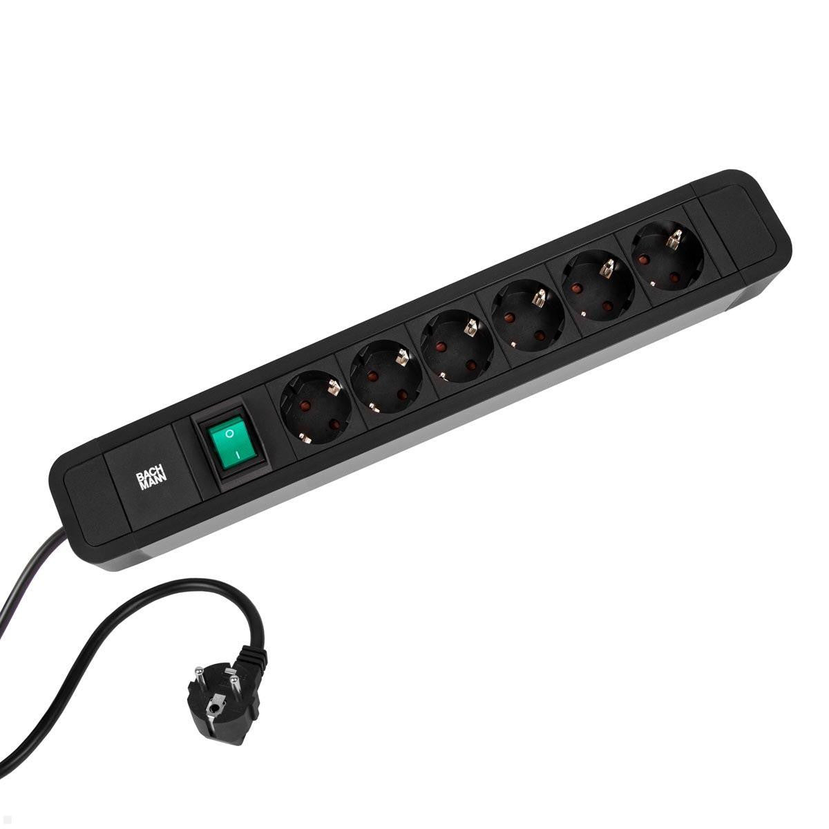Bachmann power strip PRIMO 2 ALU, 6-way, black, 2.0m, with switch