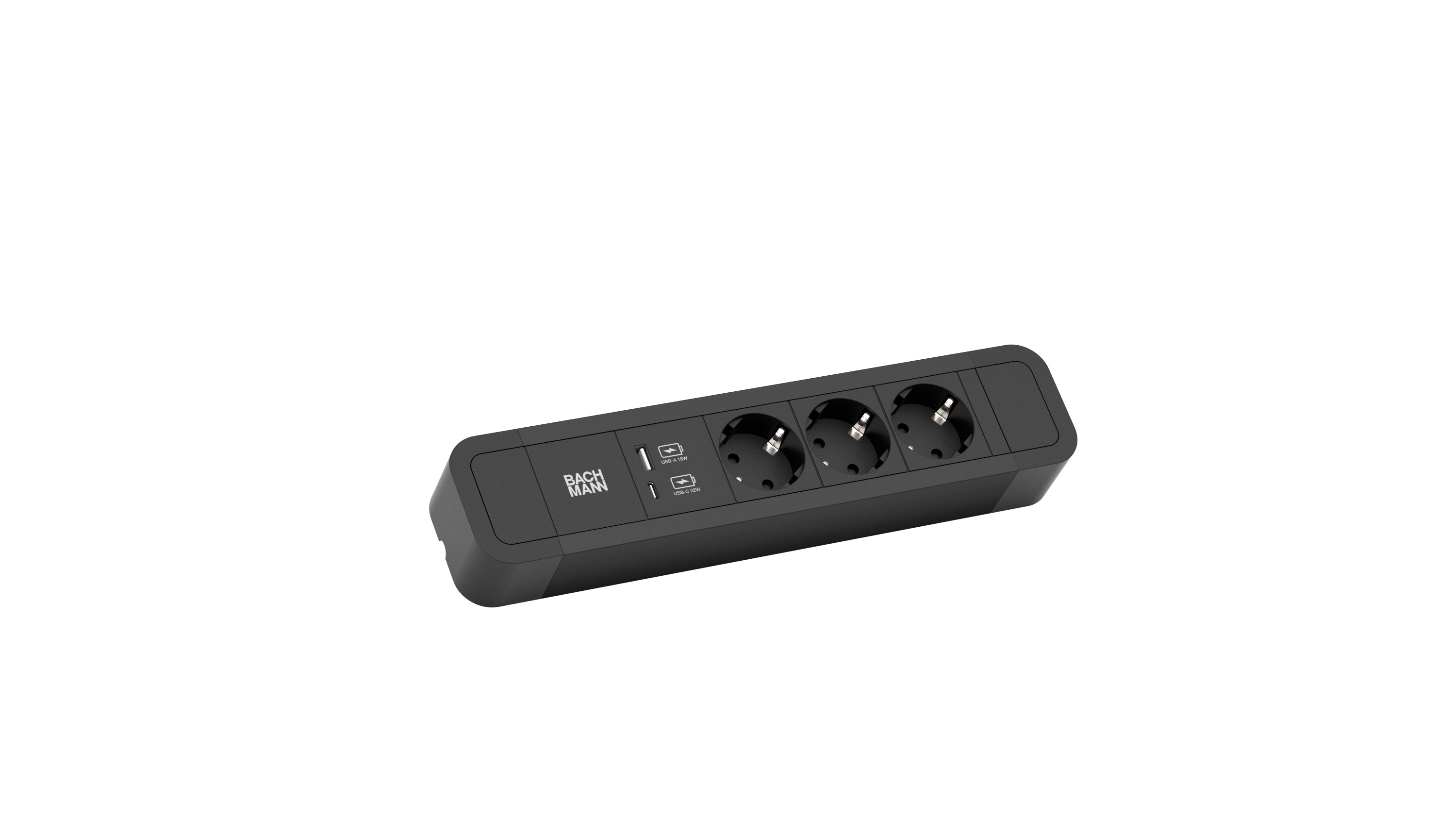 Bachmann power strip PRIMO 2 ALU, 3-way, black, 2.0m, 1x USB A+C charger