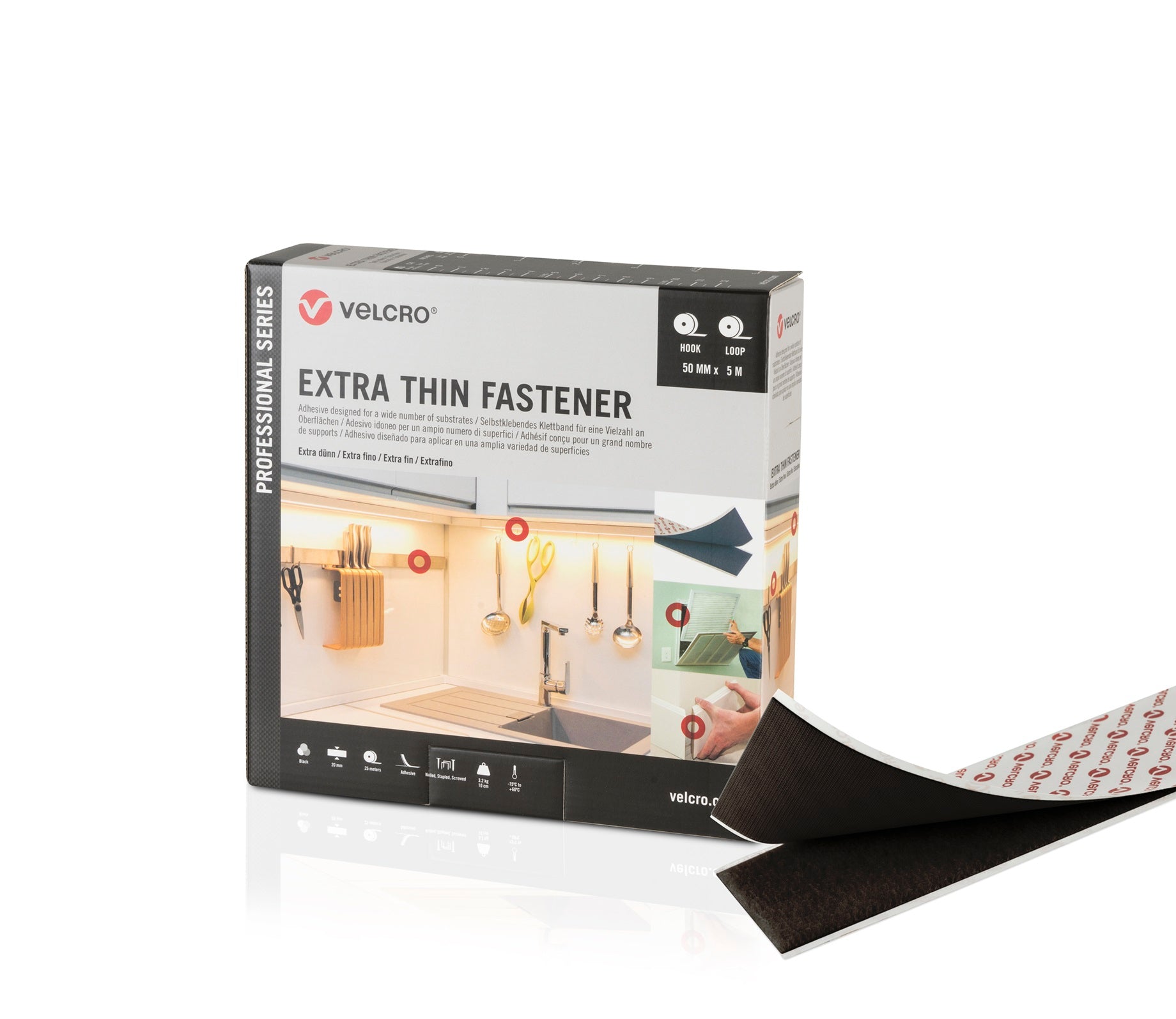VELCRO® Extra Thin Velcro installation tape 5m 50mm wide black