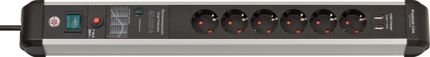 Brennenstuhl ÜSS Premium-Protect-Line 60,000A 6-way, with 2x USB-A, 3m