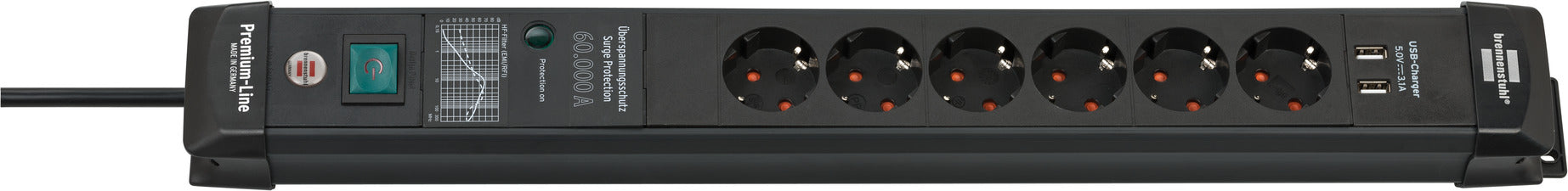 Brennenstuhl ÜSS 60,000A Premium-Line 6-way, with 2x USB-A, 3m