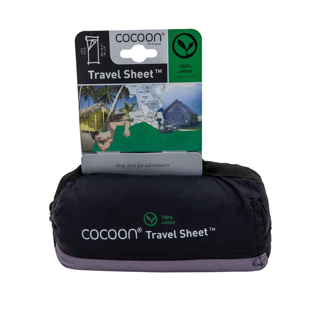 Cocoon lightweight travel sleeping bag, rectangle, 220 x 90cm, 100% cotton, elephant grey