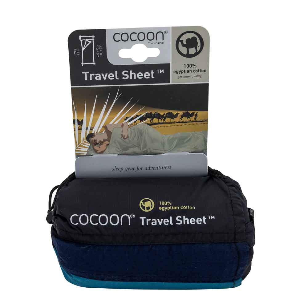 Cocoon lightweight travel sleeping bag, rectangle, 220 x 90cm, 100% cotton, laguna blue