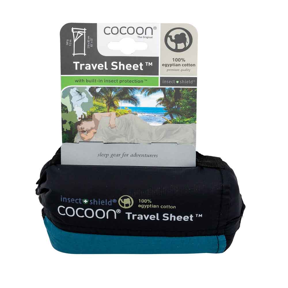 Cocoon Insect Shield TravelSheets, 218 x 90 cm, 100% Egypt. Cotton laguna blue