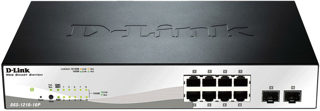 D-Link Web Smart DGS-1210-10P manages 8 x 10/100/1000 (PoE+)
