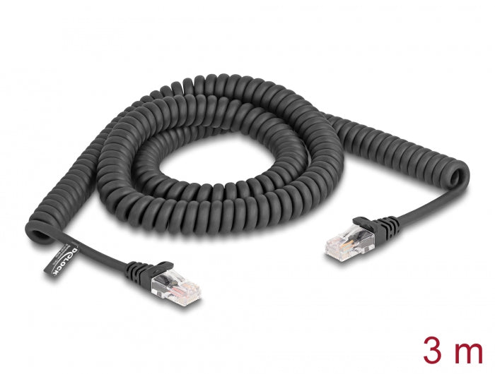 Delock RJ45 spiral cable plug to plug Cat.5e 3 m black