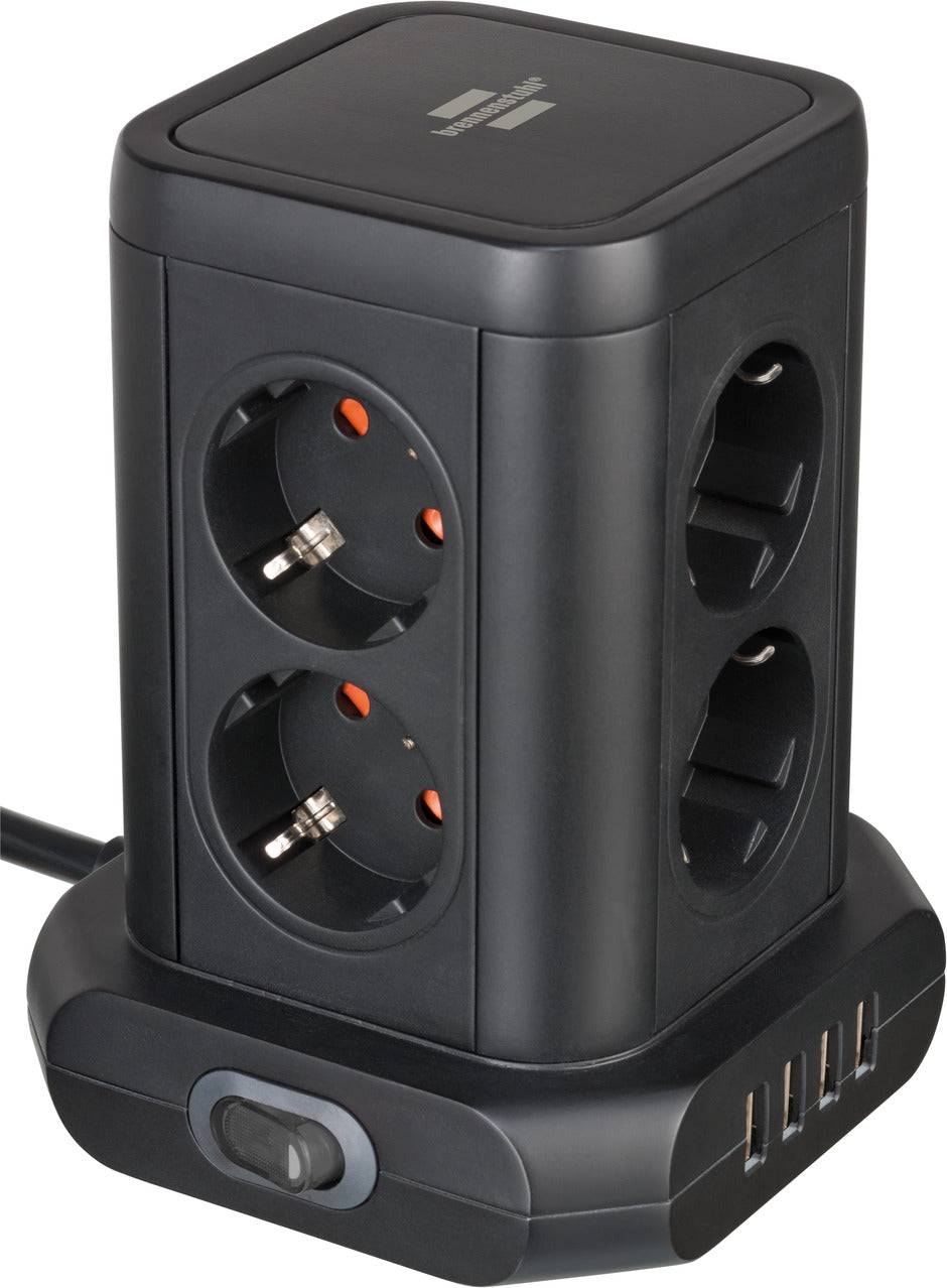 Brennenstuhl socket tower 8-way with 4x USB-A black 2m H05VV-F3G1.5