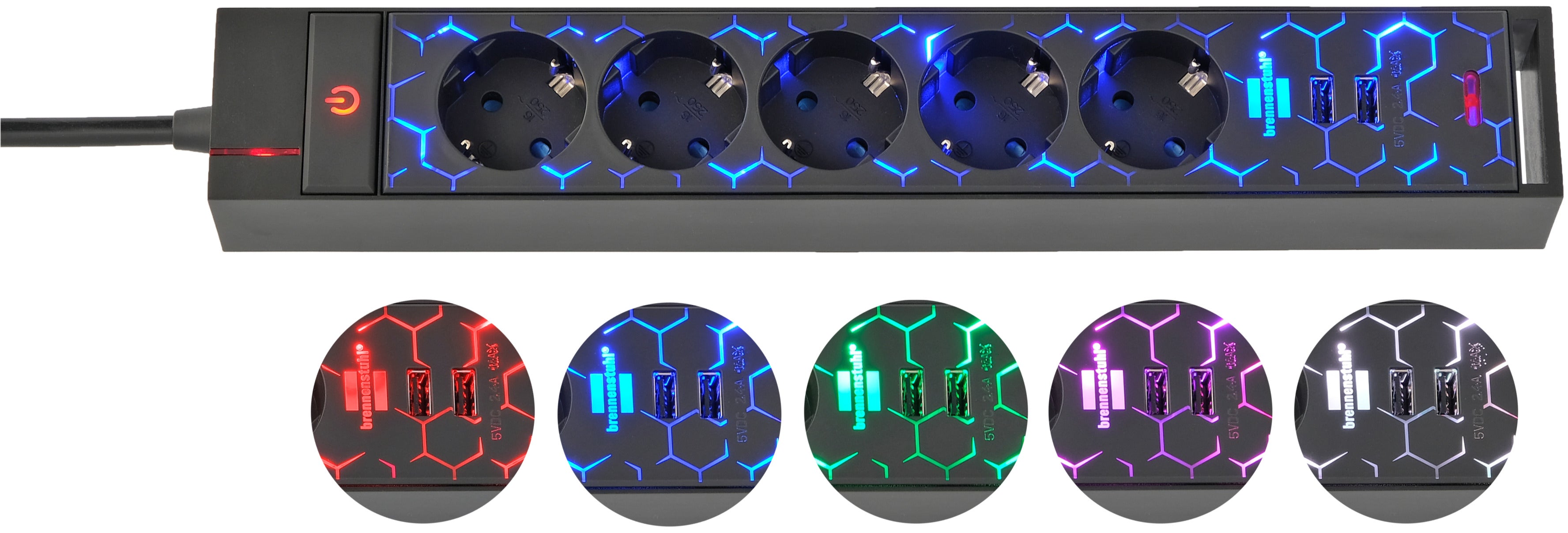 Brennenstuhl Gaming power strip 5-way, 2x USB-A, LED color change