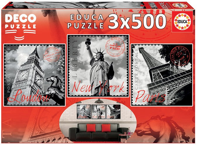 Educa Puzzle 9217096 - Big Cities Deco - 3 x 500 piece puzzle