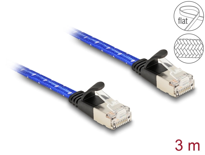 Delock RJ45 flat ribbon network cable with braided sheath Cat.6A U/FTP 3 m blue