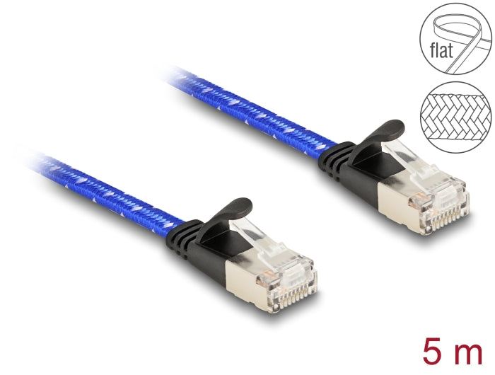 Delock RJ45 flat ribbon network cable with braided sheath Cat.6A U/FTP 5 m blue