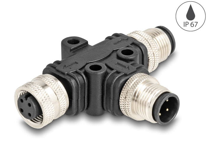 Delock M12 T-Splitter A-coded 4 Pin 1 x male to 1 x male and