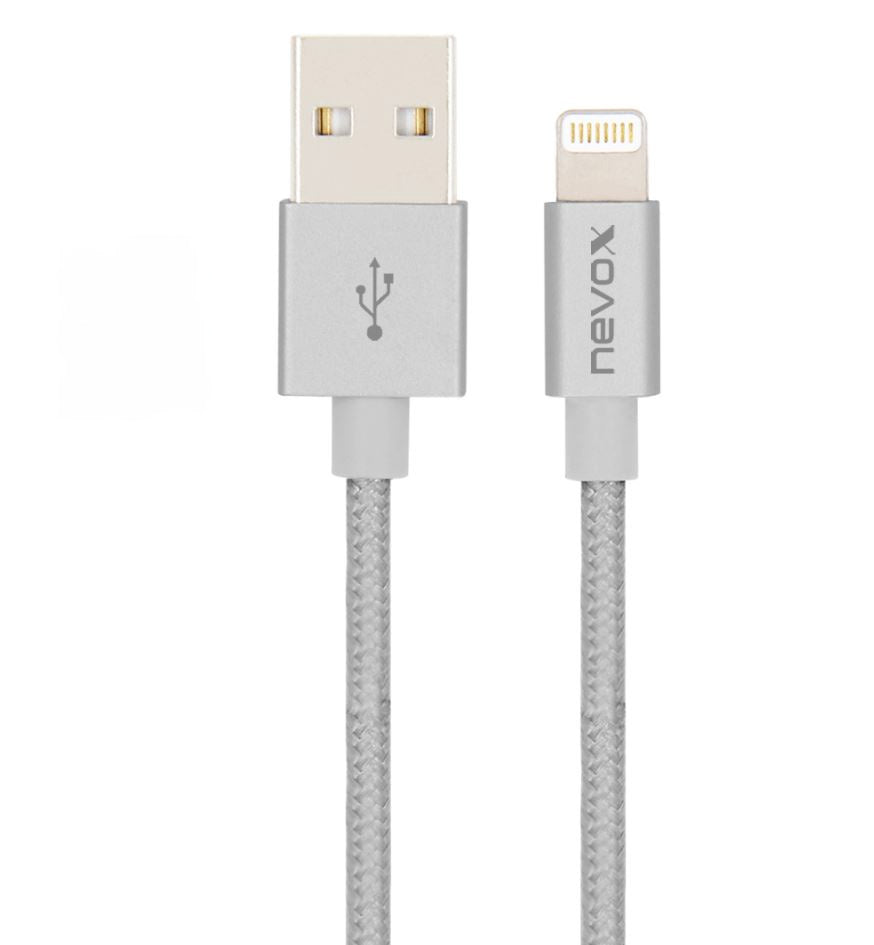 Nevox Lightning USB data cable MFi nylon braided 1M silver grey