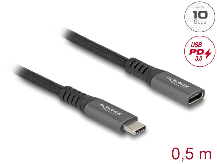 Delock USB 10 Gbps extension cable USB Type-C™ plug 0.5 m grey metal