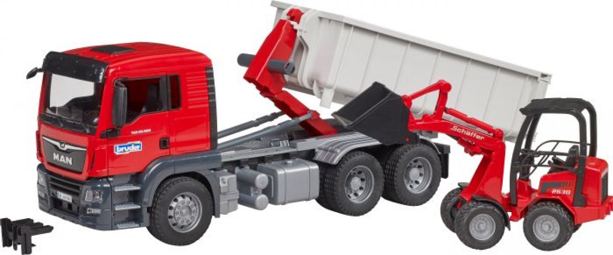 Bruder 03767 - MAN TGS truck with roll-off container and Schäffer farm loader