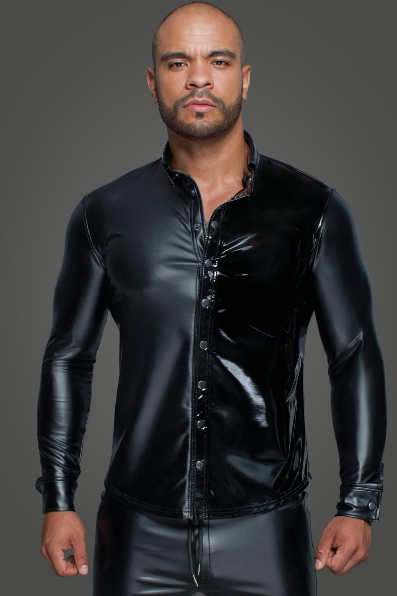 Langärmliges Powerwetlook & PVC Shirt mit Knopfleiste H064 von Noir Handmade MissBehaved Collection