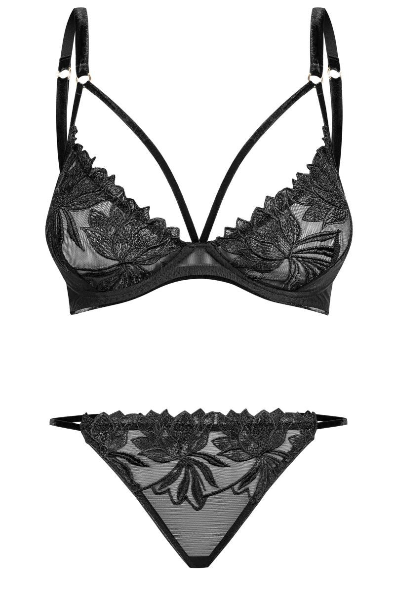 101118 Set of underwire bra with embroidery and panty by Petite Noir
