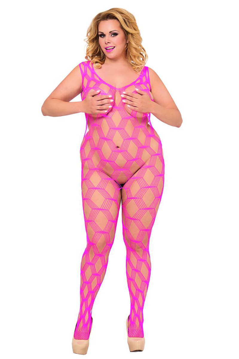 pink fishnet catsuit ouvert 6254, bodystocking from Softline Plus Size