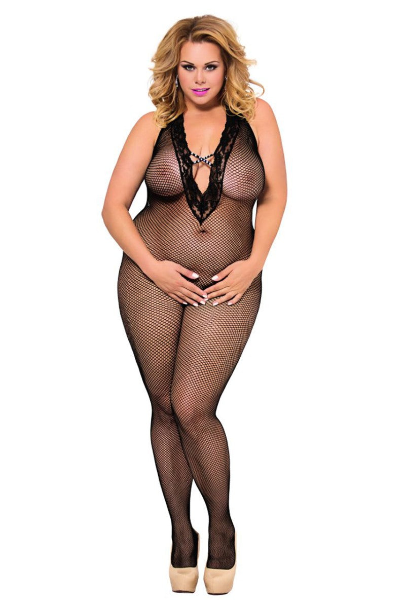 black fishnet catsuit ouvert 6297, bodystocking by Softline Plus Size