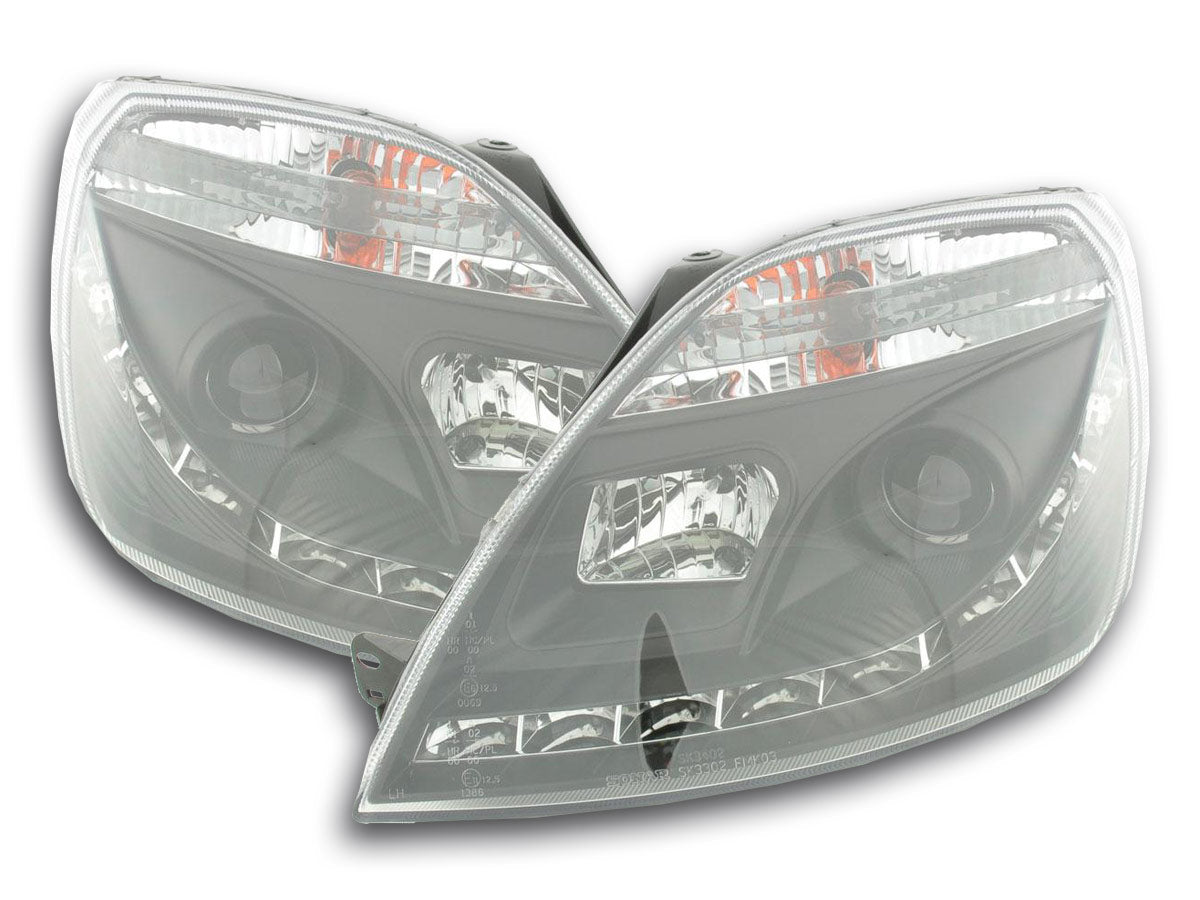 Headlight set Daylight LED DRL look Ford Focus 3/4/5-door 01-04 black
