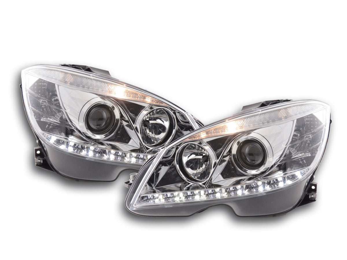 Headlight set Daylight LED DRL look Mercedes C-Class W204 07-10 chrome