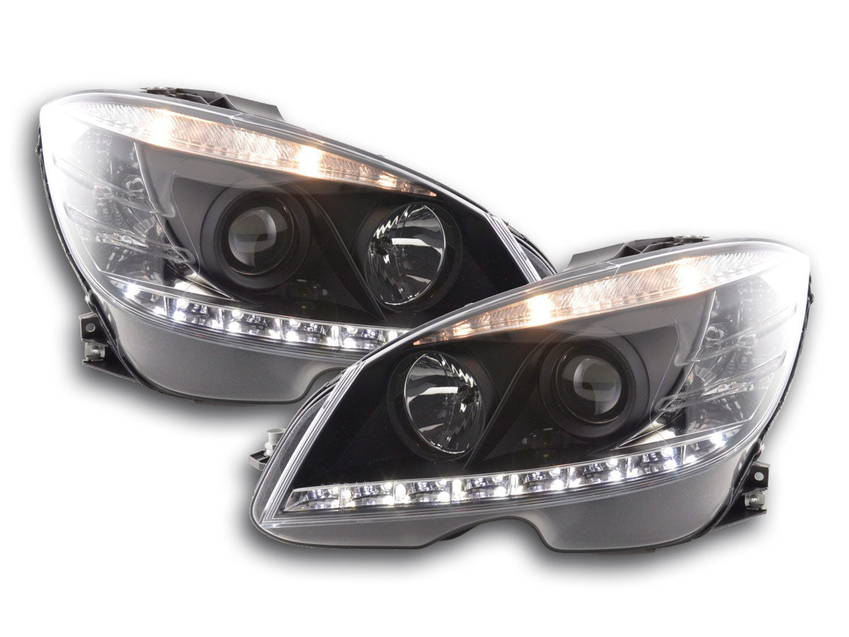 Headlight set Daylight LED DRL look Mercedes C-Class W204 07-10 black
