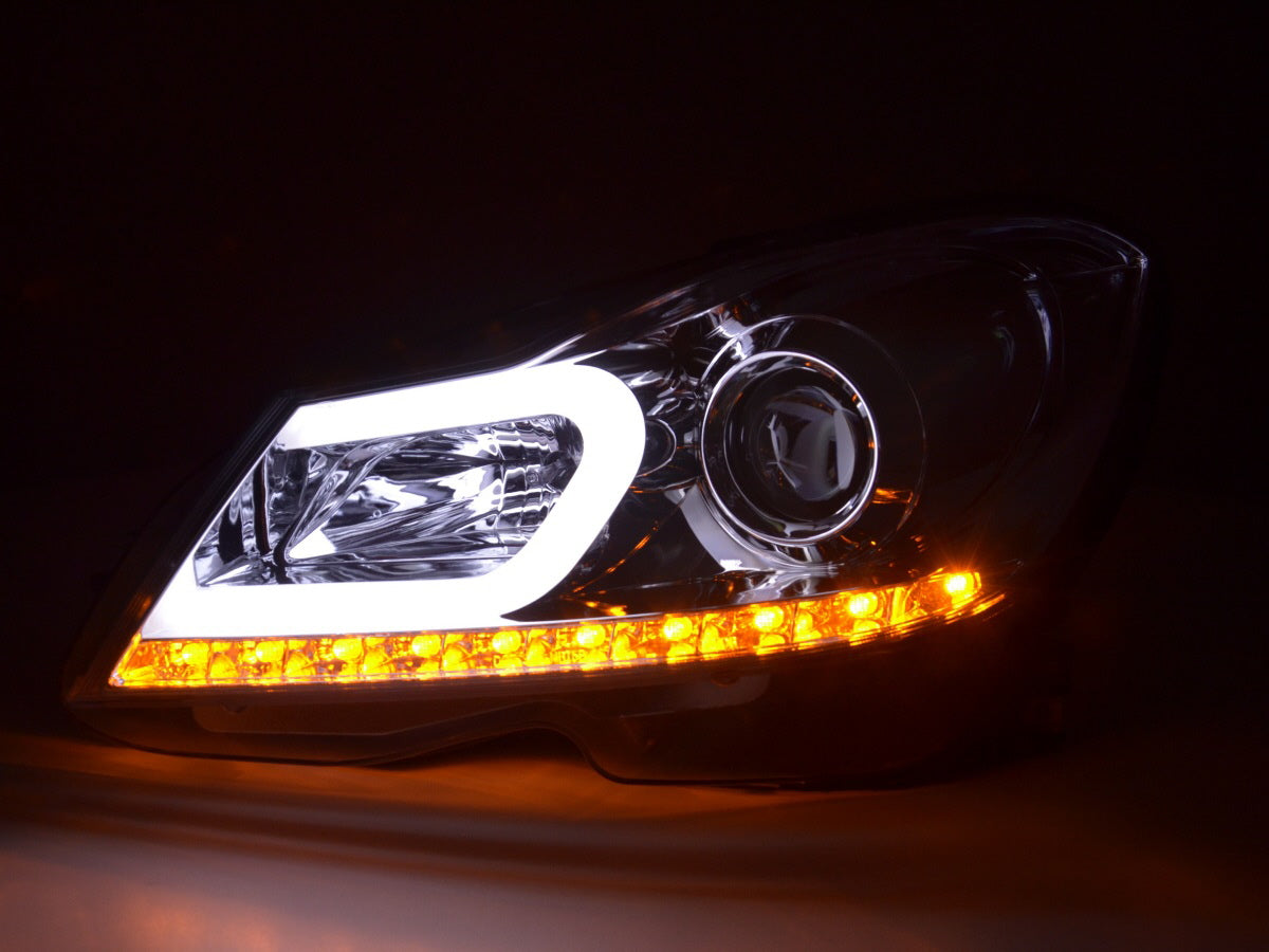 Headlight set Daylight LED DRL look Mercedes C-Class W204 11-14 chrome