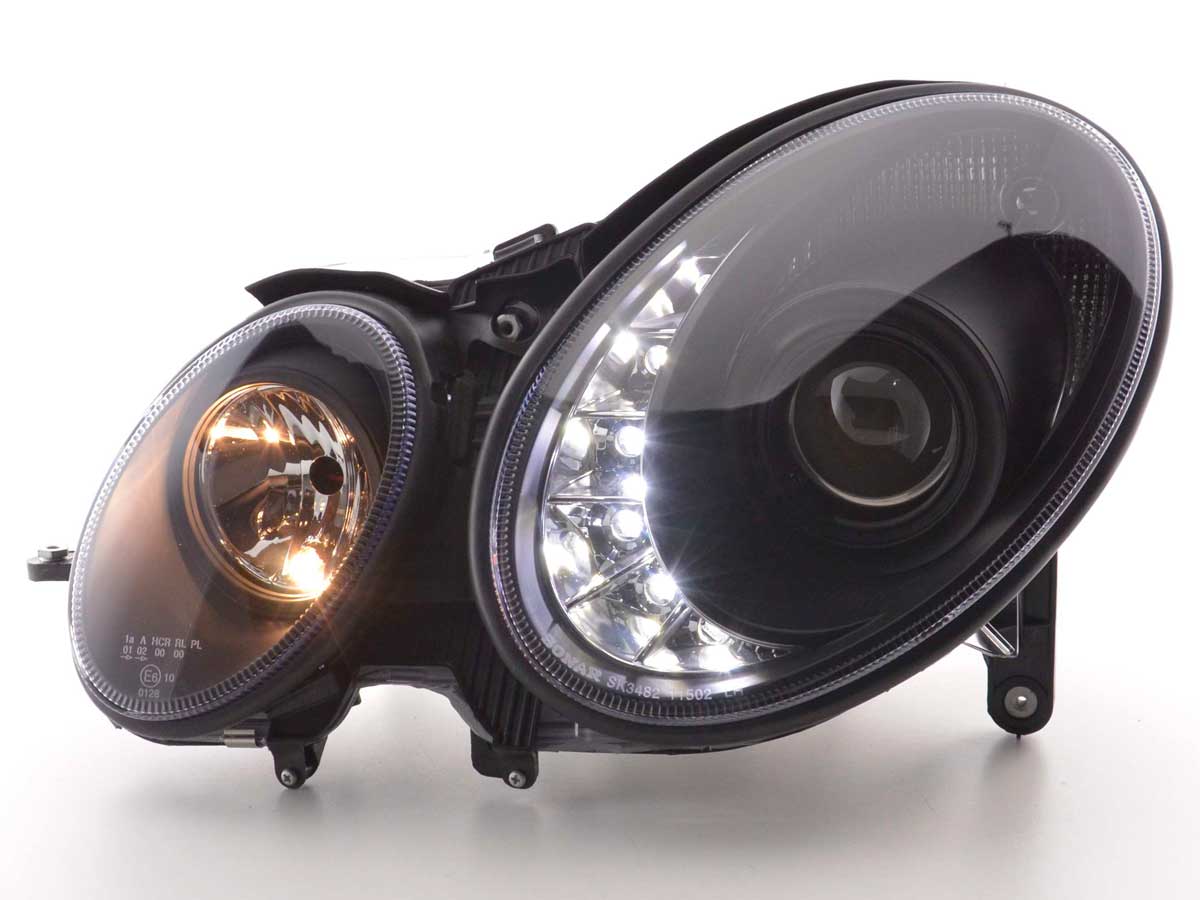 Headlight set Daylight LED DRL look Mercedes E-Class 211 02-06 black