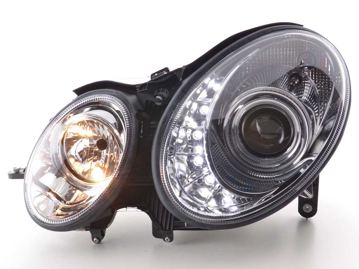 Headlight set Daylight LED DRL look Mercedes E-Class type W211 02-06 chrome