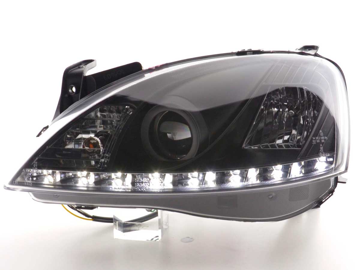 Headlight set Daylight LED DRL look Opel Corsa D 06- black