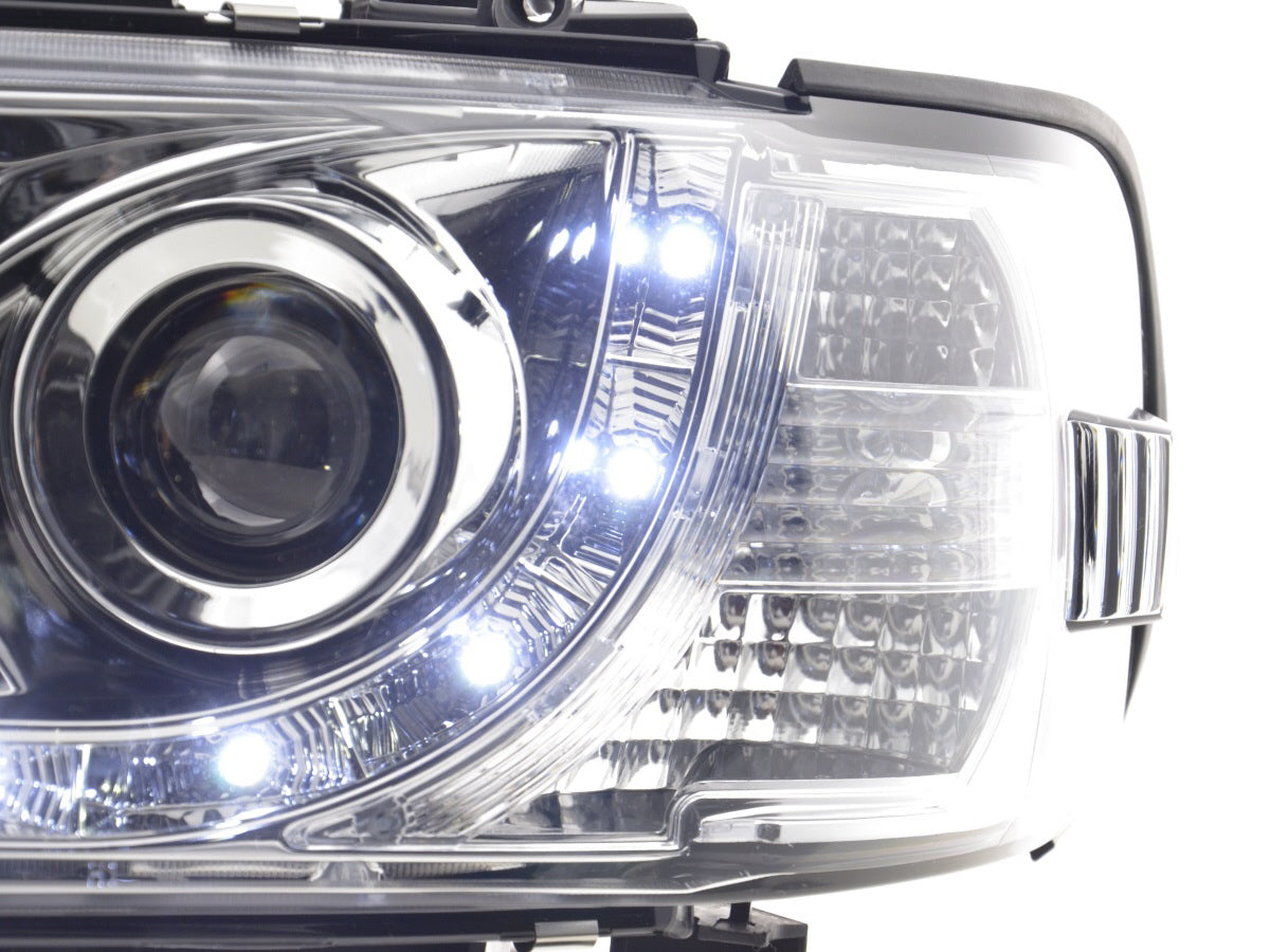 Headlight set Daylight LED TFL look VW Bus Type T4 96-03 chrome for right-hand drive