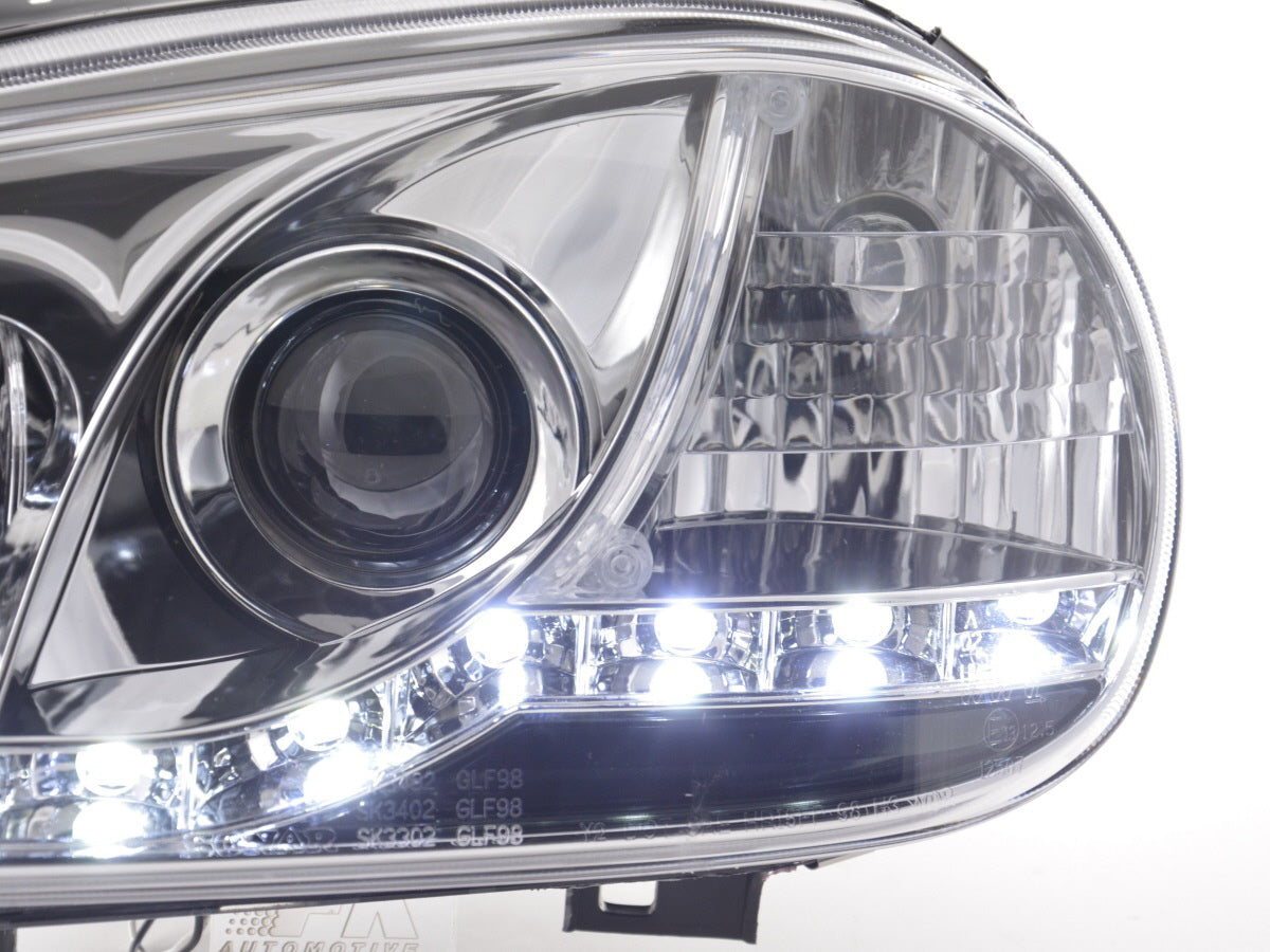 Headlight set Daylight LED DRL look VW Golf 4 Type 1J 98-03 chrome for right-hand drive