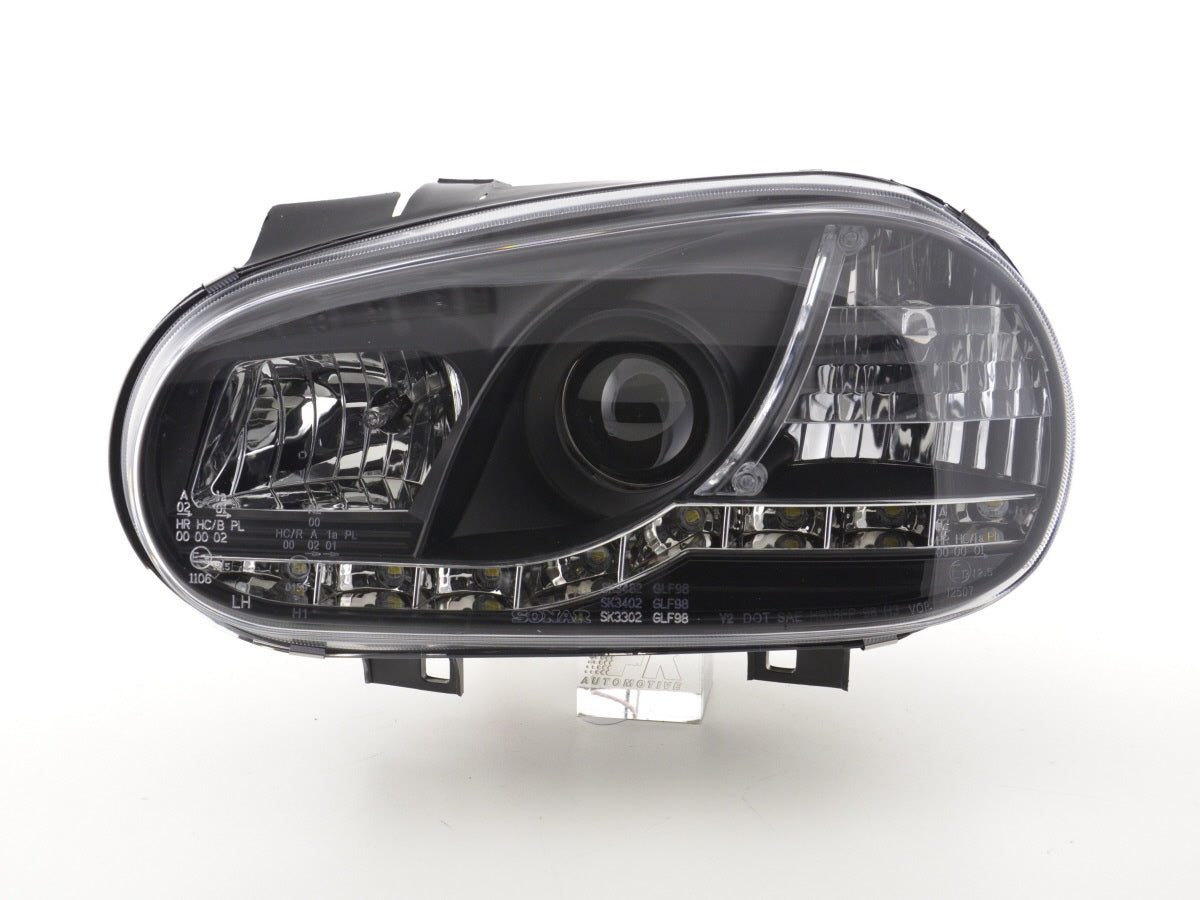 Headlight set Daylight LED DRL look VW Golf 4 Type 1J 98-03 black for right-hand drive