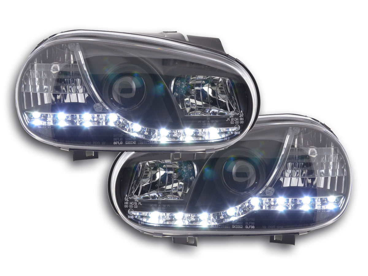 Headlight set Daylight LED DRL look VW Golf 4 Type 1J 98-03 black for right-hand drive