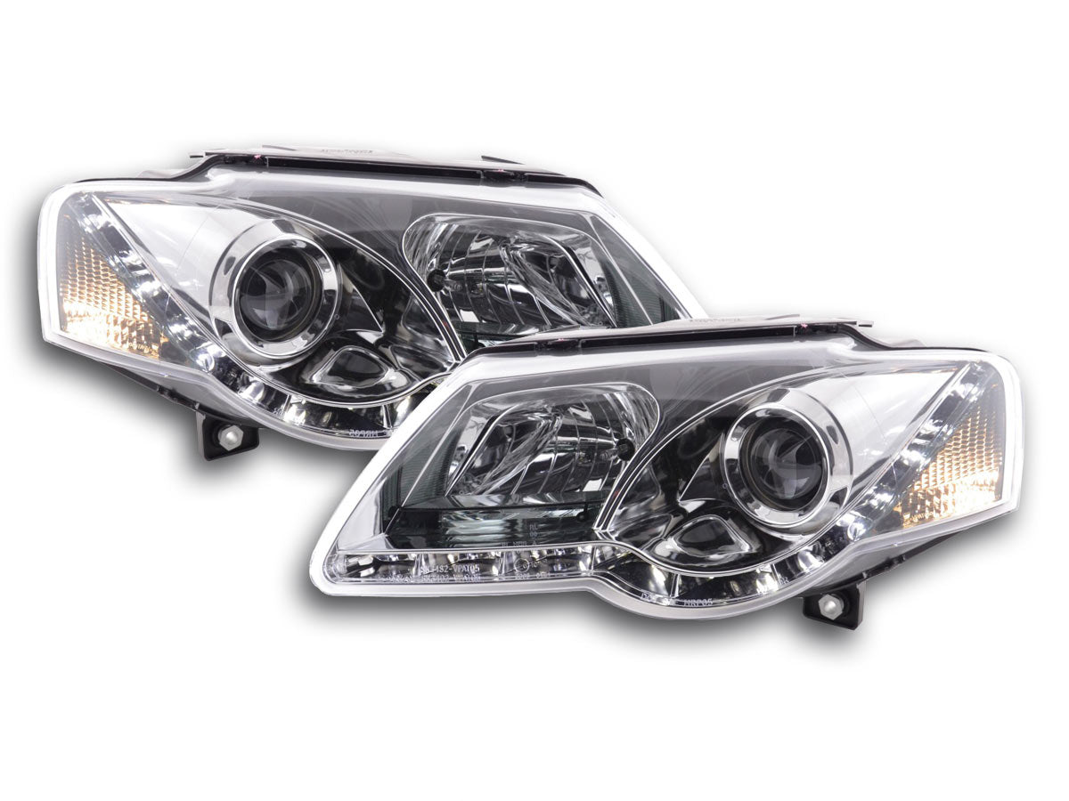 Headlight set Daylight LED DRL look VW Passat Type 3C 05- chrome for right-hand drive
