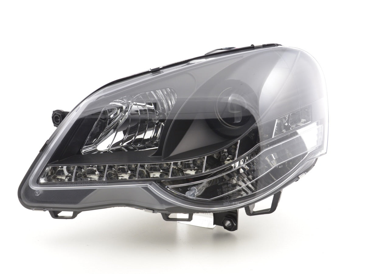 Headlight set Daylight LED DRL look VW Polo type 9N3 05-09 black for right-hand drive