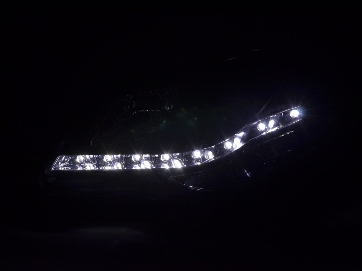Headlight set Daylight LED DRL look VW Polo type 9N3 05-09 black for right-hand drive