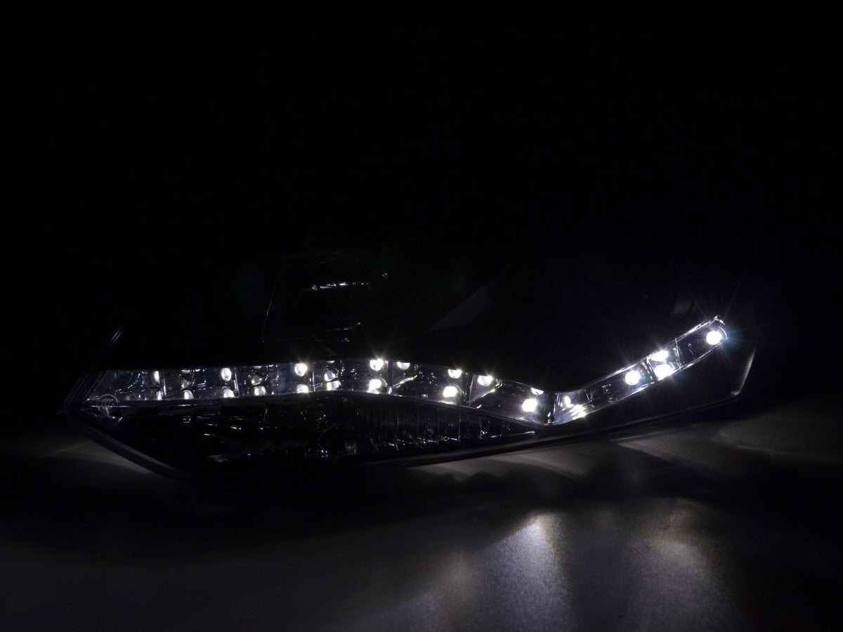 Headlight set Daylight LED DRL look VW Polo Type 6R 2010- black for right-hand drive