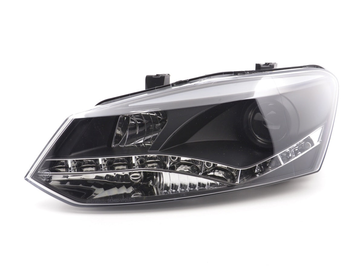 Headlight set Daylight LED DRL look VW Polo Type 6R 2010- black for right-hand drive