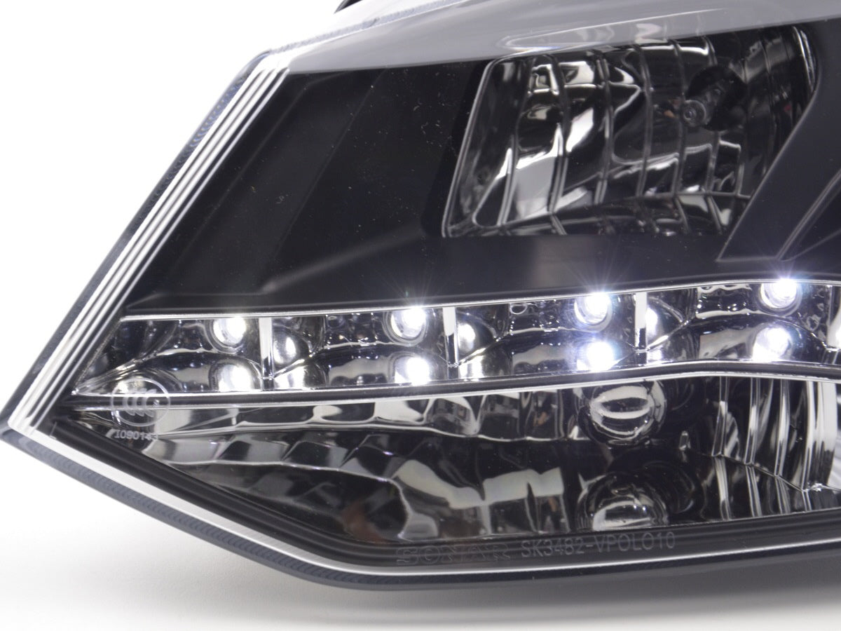 Headlight set Daylight LED DRL look VW Polo Type 6R 2010- black for right-hand drive