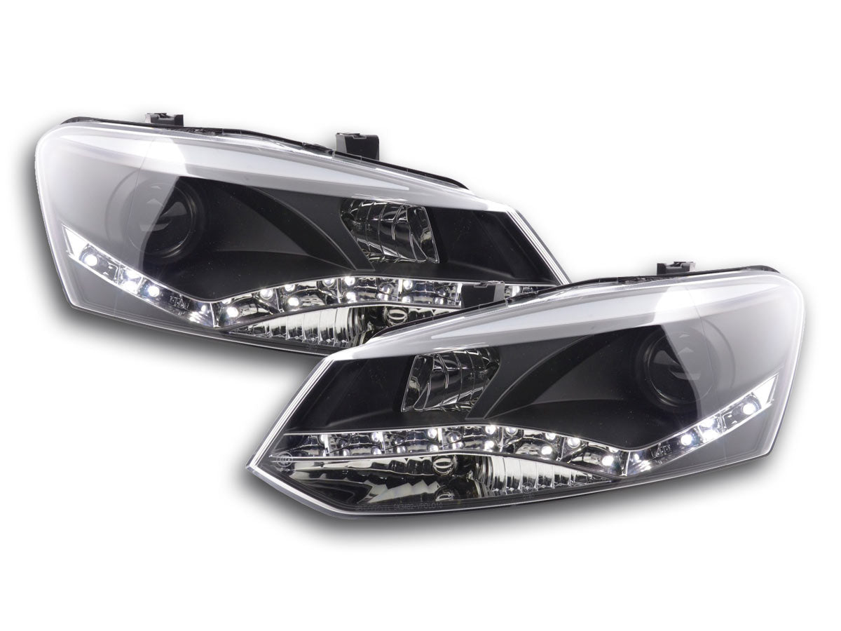 Headlight set Daylight LED DRL look VW Polo Type 6R 2010- black for right-hand drive