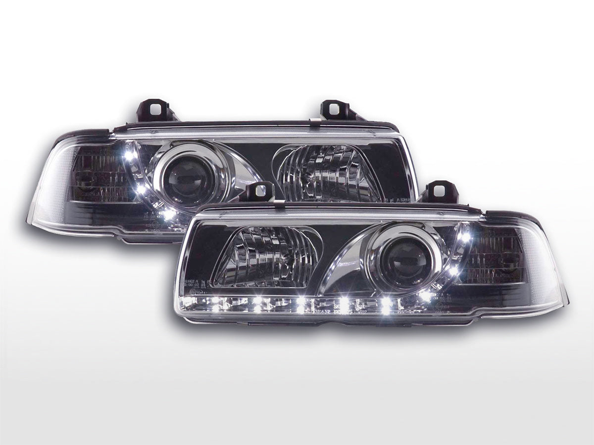 Headlight set Daylight LED DRL look BMW 3 Series Limousine Type E36 92-98 chrome