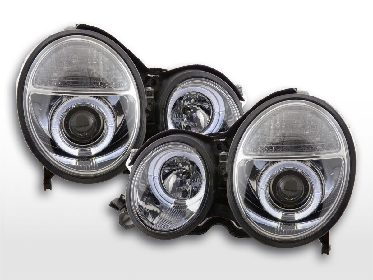 Headlight set Angel Eyes Mercedes E-Class type W210 99-01 chrome for right-hand drive